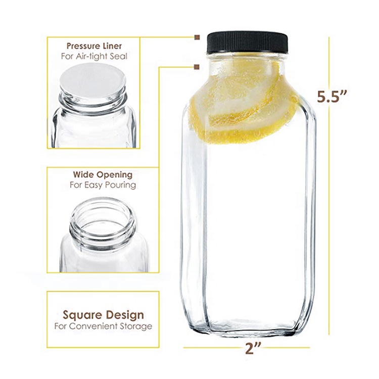 16 oz / 480 ml Clear Glass French Square Glass Drink Bottles for storing Juices, Smoothies, beverages, Kombucha