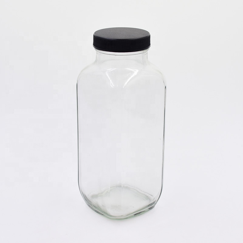 16 oz 500ml French square clear beverage packaging glass bottle cold pressed juice Kombucha container with plastic aluminum cap