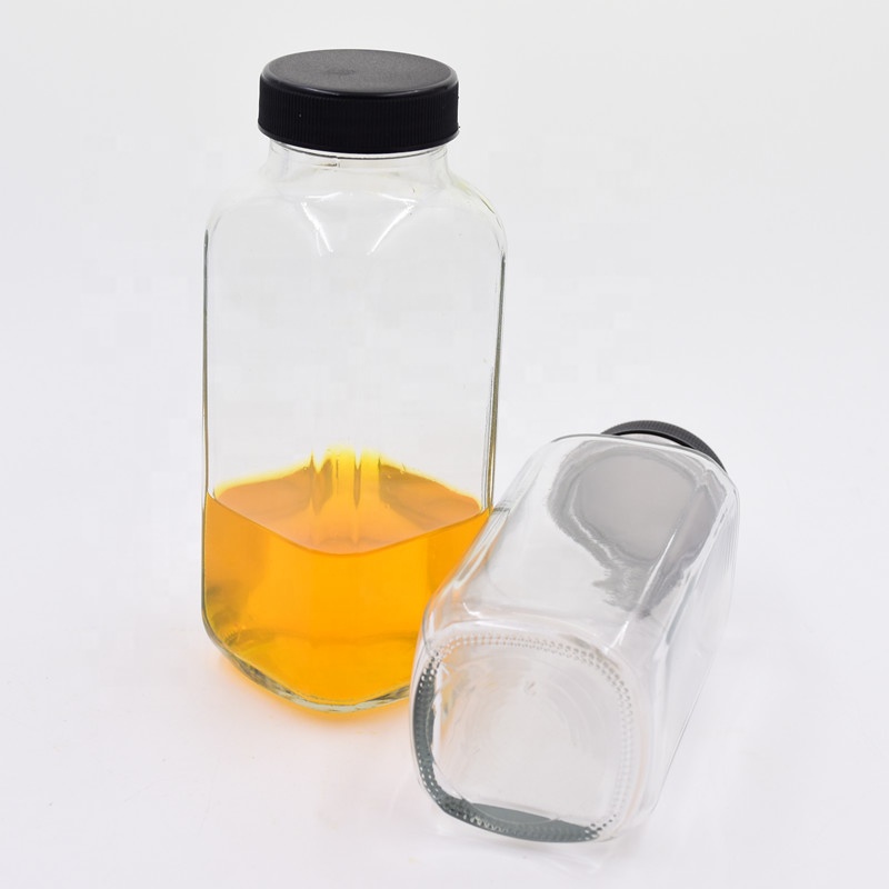 16 oz 500ml French square clear beverage packaging glass bottle cold pressed juice Kombucha container with plastic aluminum cap