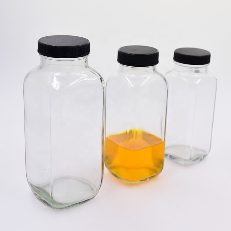 16 oz 500ml French square clear beverage packaging glass bottle cold pressed juice Kombucha container with plastic aluminum cap