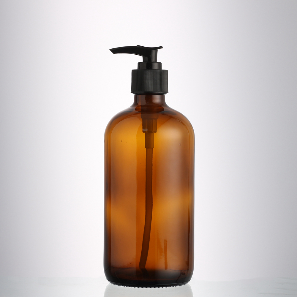 16 oz Amber Boston Round Glass Bottle with Black Poly Cone Lid 500ml Clear Brown Black Hand Washing for Liquid Soap Foam