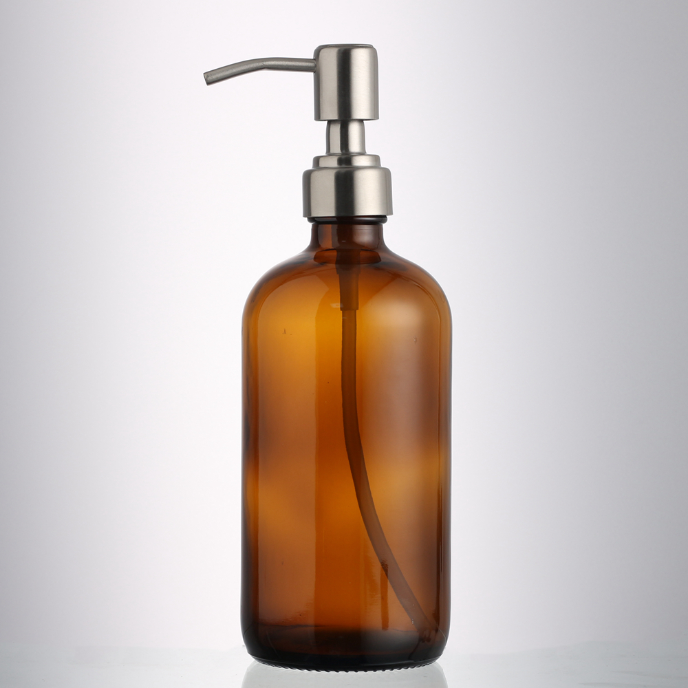 16 oz Amber Boston Round Glass Bottle with Black Poly Cone Lid 500ml Clear Brown Black Hand Washing for Liquid Soap Foam