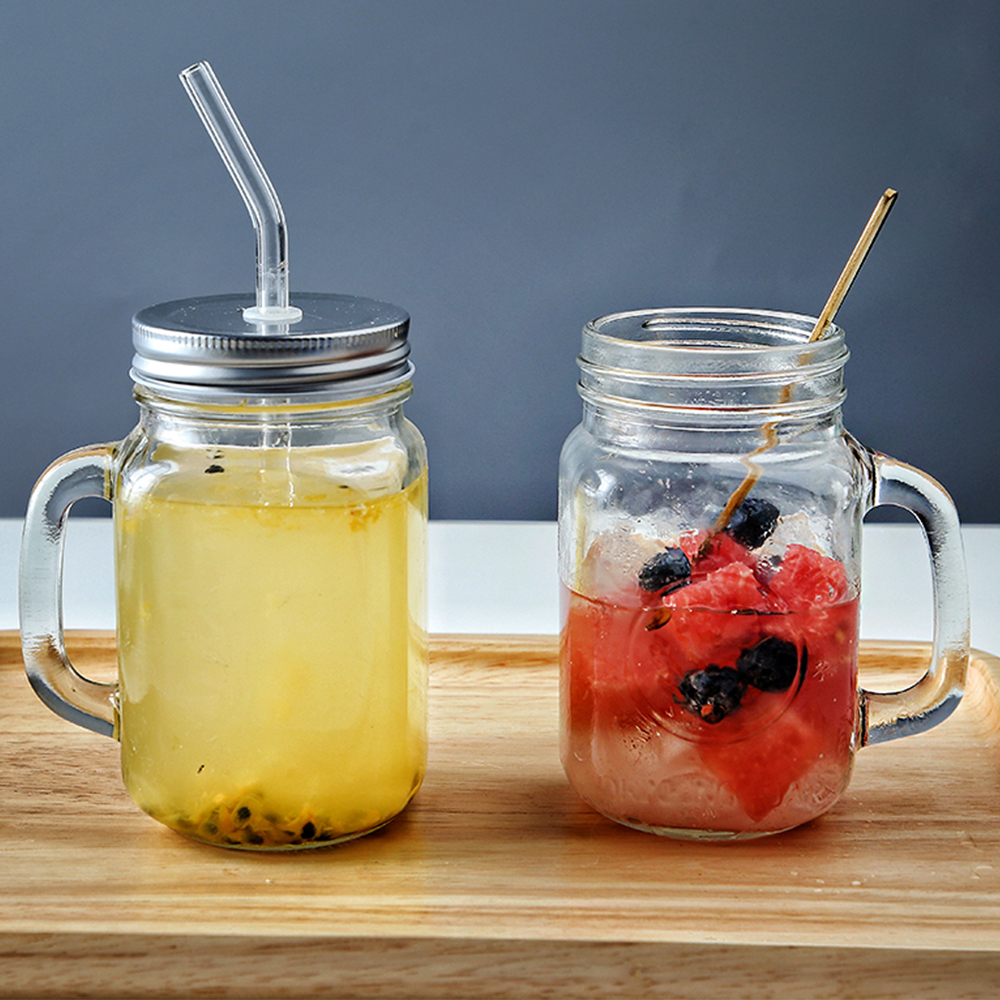 16oz 20oz Glass Mason Jar With Handle Juice Mugs For Beverage Drinking With Metal Lids With Straw