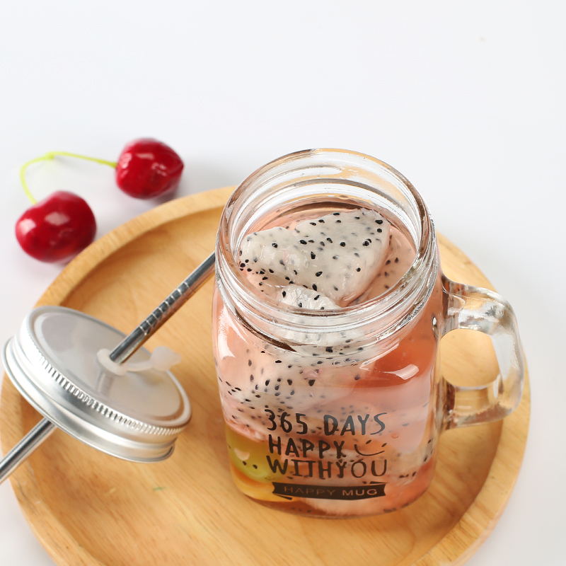 16oz 20oz Glass Mason Jar With Handle Juice Mugs For Beverage Drinking With Metal Lids With Straw