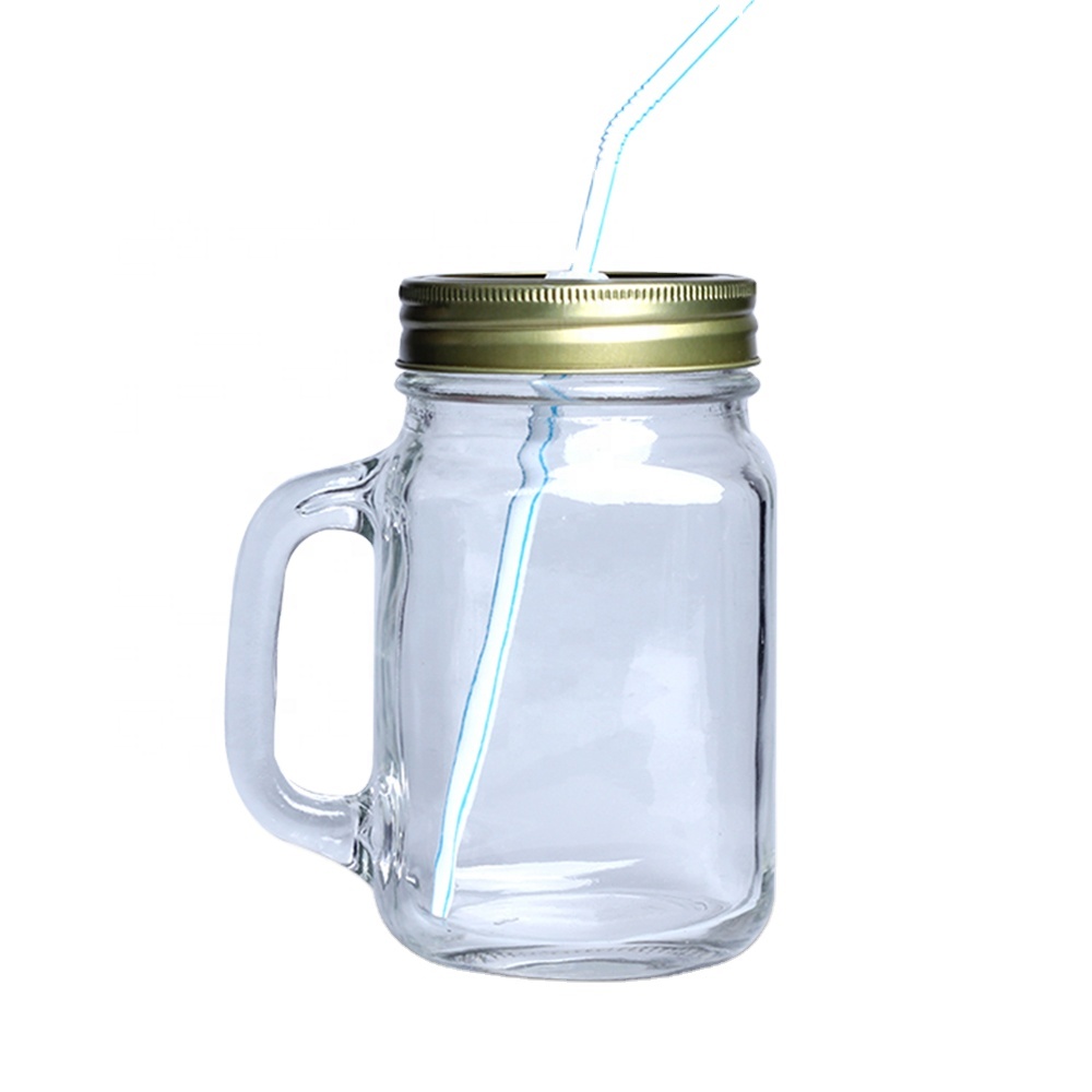 16oz 20oz Glass Mason Jar With Handle Juice Mugs For Beverage Drinking With Metal Lids With Straw