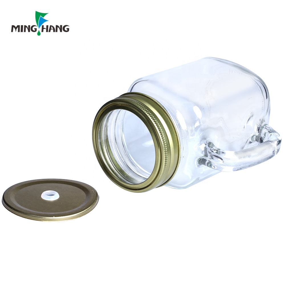 16oz 20oz Glass Mason Jar With Handle Juice Mugs For Beverage Drinking With Metal Lids With Straw
