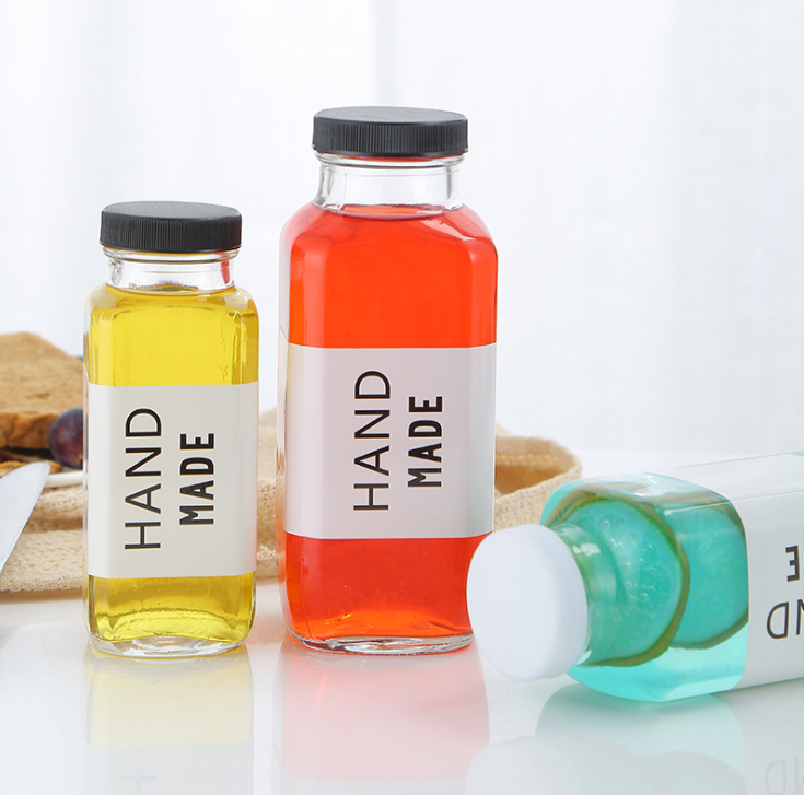 16oz 250ml 350ml 500ml clear water juice use french square glass bottles with plastic screw cap