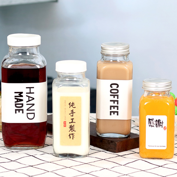16oz 250ml 350ml 500ml clear water juice use french square glass bottles with plastic screw cap