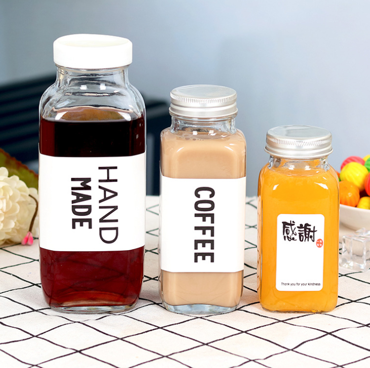 16oz 250ml 350ml 500ml clear water juice use french square glass bottles with plastic screw cap