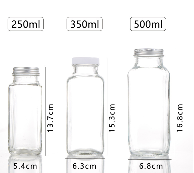 16oz 250ml 350ml 500ml clear water juice use french square glass bottles with plastic screw cap