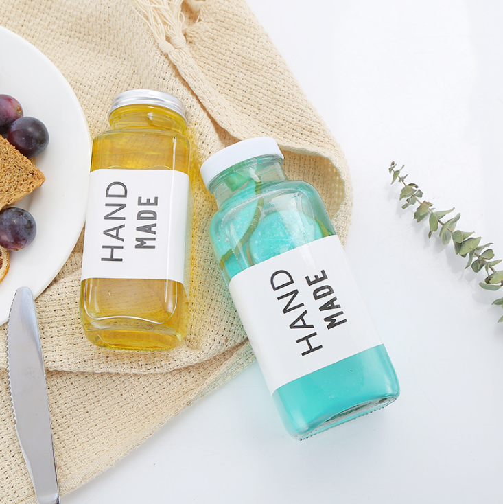 16oz 250ml 350ml 500ml clear water juice use french square glass bottles with plastic screw cap