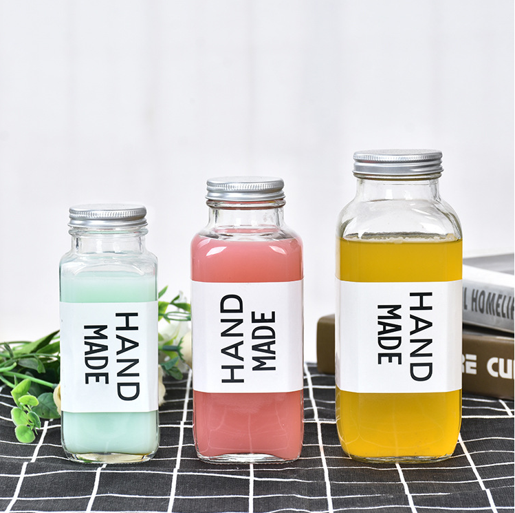 16oz 250ml 350ml 500ml clear water juice use french square glass bottles with plastic screw cap
