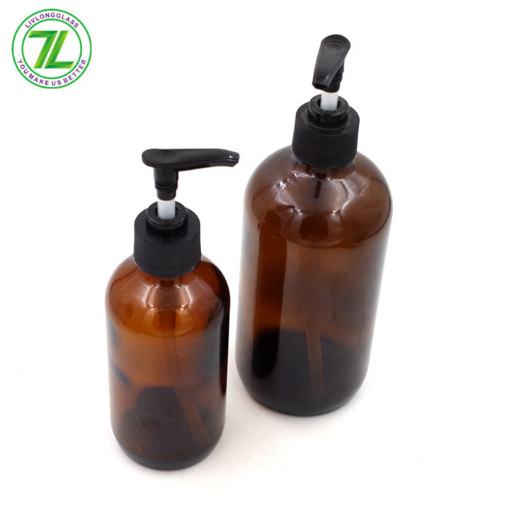16oz 480ml Amber Lotion Fancy Boston Round Glass Bottle With Plastic Pump Sprayer Cap