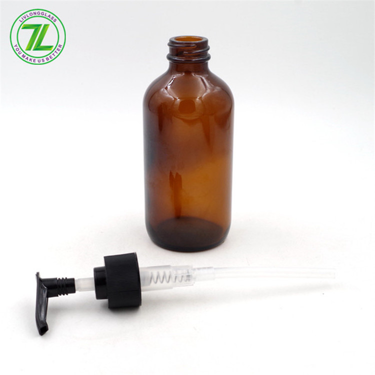 16oz 480ml Amber Lotion Fancy Boston Round Glass Bottle With Plastic Pump Sprayer Cap