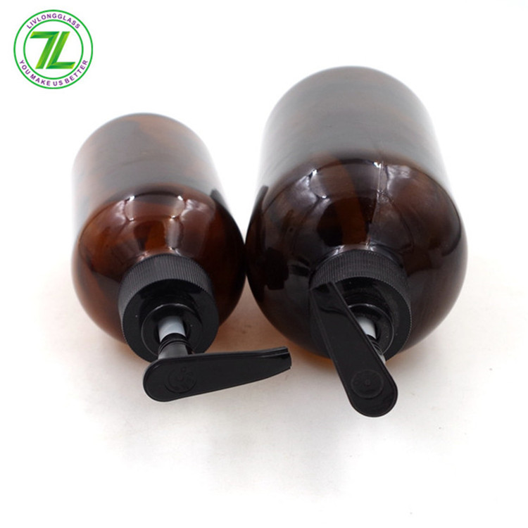 16oz 480ml Amber Lotion Fancy Boston Round Glass Bottle With Plastic Pump Sprayer Cap