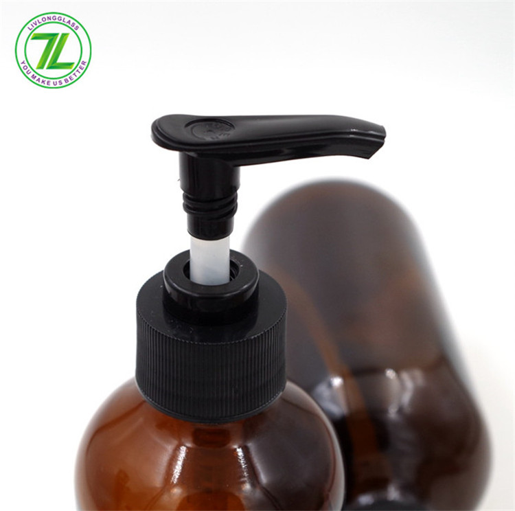 16oz 480ml Amber Lotion Fancy Boston Round Glass Bottle With Plastic Pump Sprayer Cap