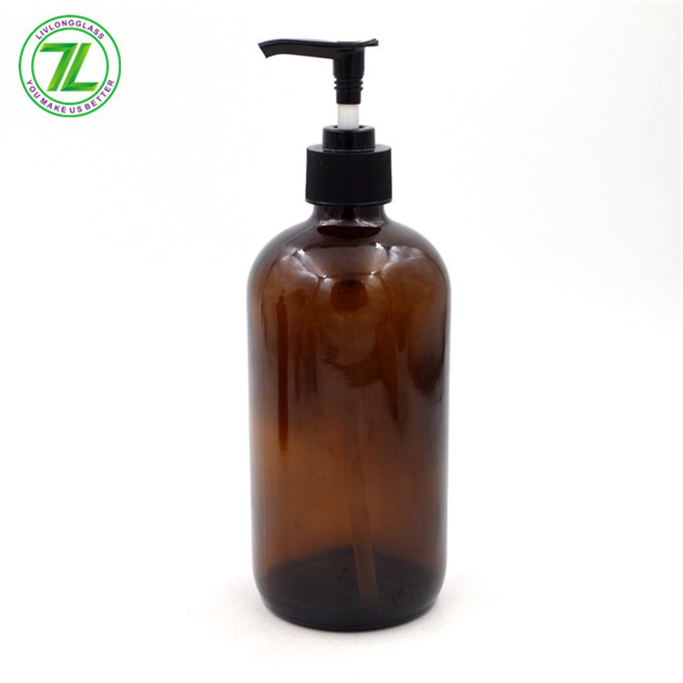 16oz 480ml Amber Lotion Fancy Boston Round Glass Bottle With Plastic Pump Sprayer Cap