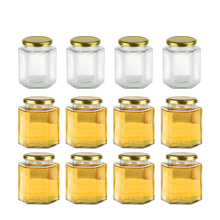 16oz 480ml Food Grade Hexagon Glass Jam Honey Spice Jar with Metal Lids