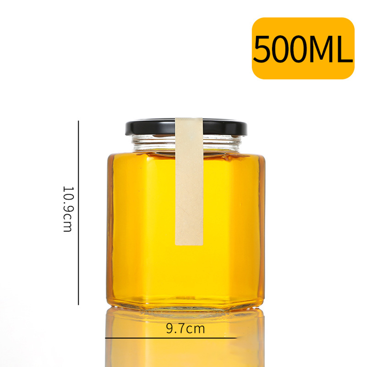 16oz 480ml Food Grade Hexagon Glass Jam Honey Spice Jar with Metal Lids