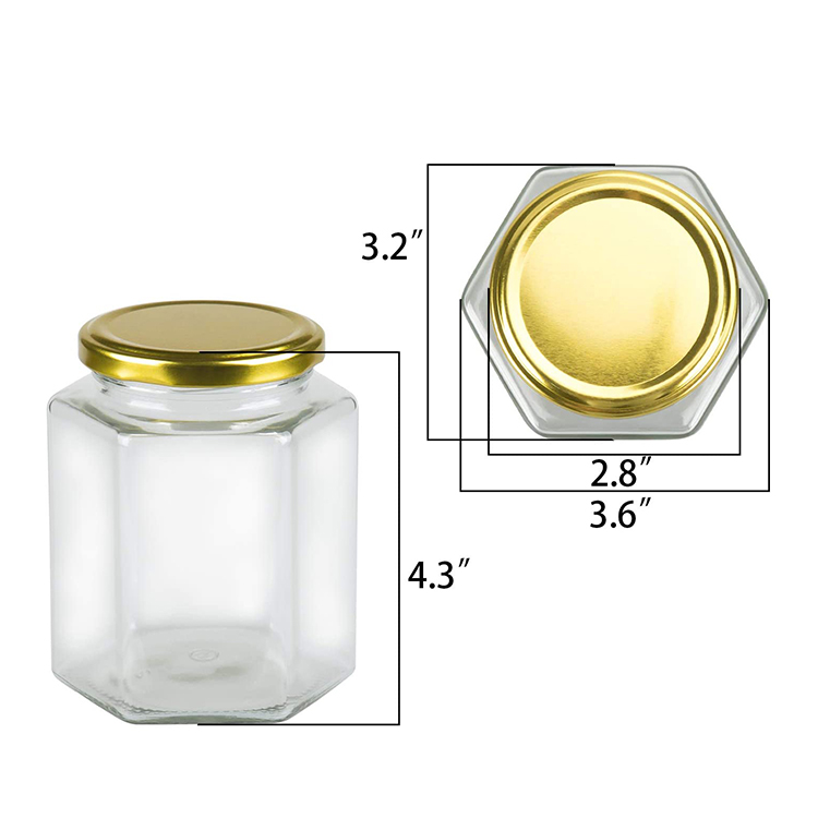 16oz 480ml Food Grade Hexagon Glass Jam Honey Spice Jar with Metal Lids