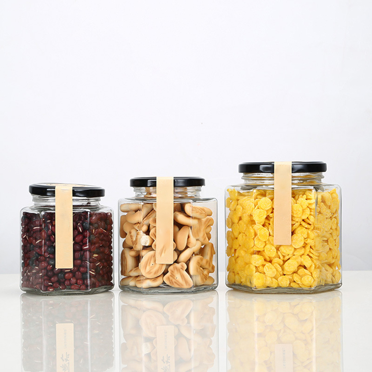 16oz 480ml Food Grade Hexagon Glass Jam Honey Spice Jar with Metal Lids