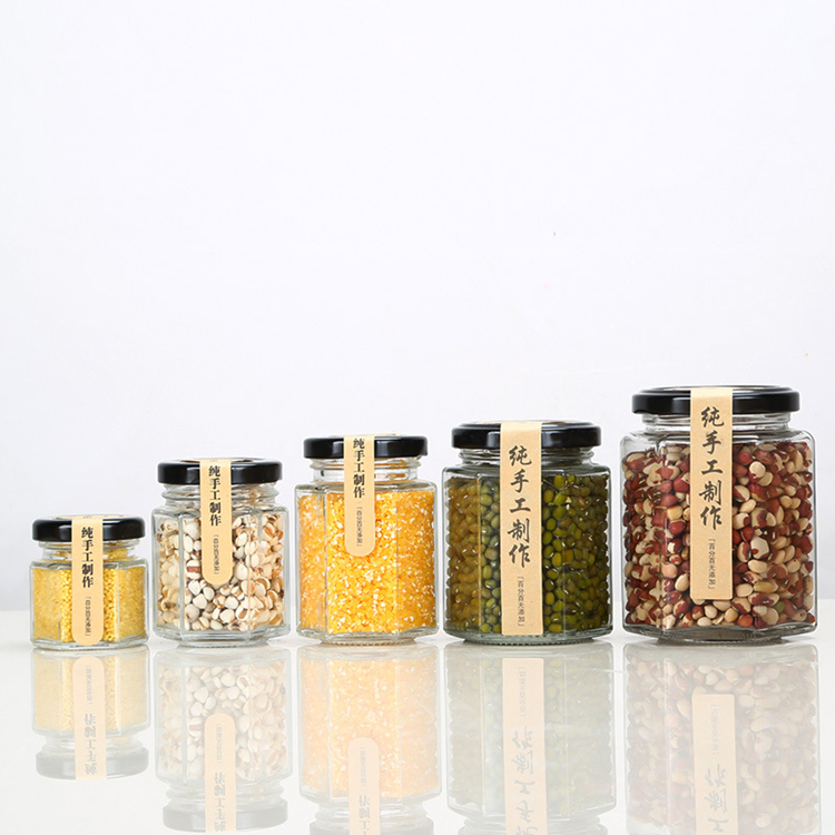 16oz 480ml Food Grade Hexagon Glass Jam Honey Spice Jar with Metal Lids