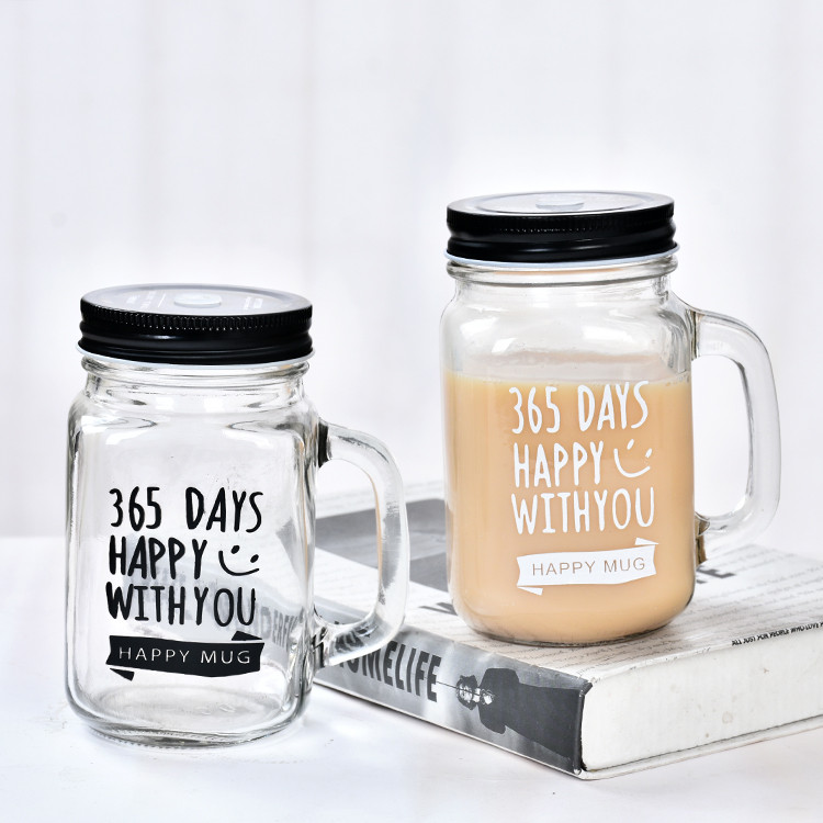 16oz 480ml square mug drinking glass mason jar with handle and lid