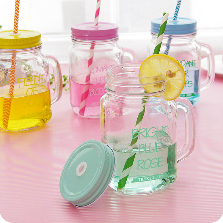 16oz 480ml square mug drinking glass mason jar with handle and lid