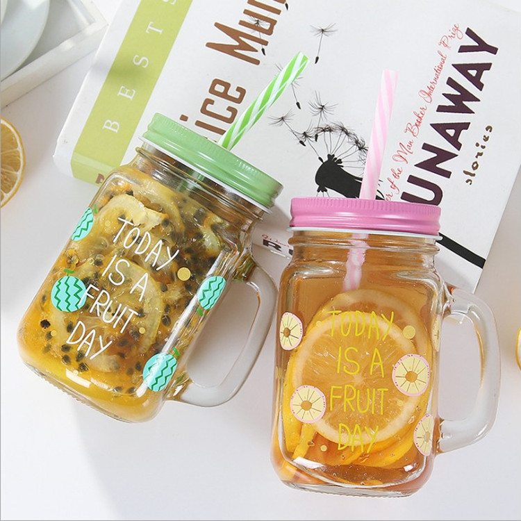 16oz 480ml square mug drinking glass mason jar with handle and lid