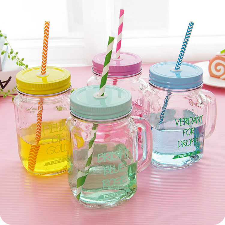 16oz 480ml square mug drinking glass mason jar with handle and lid