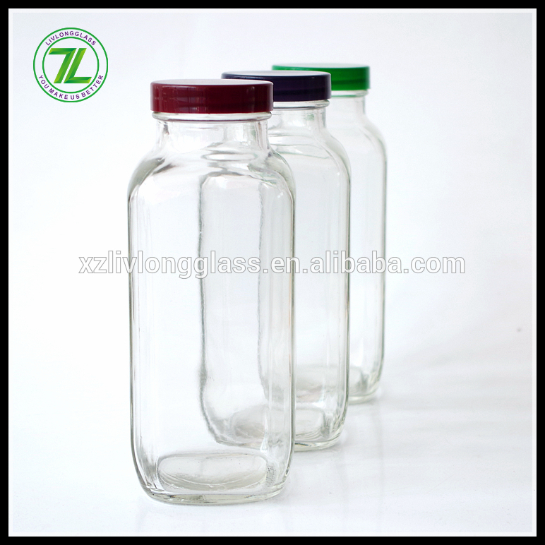 16oz 500ml Clear Cold Pressed Juice French Square Glass Bottles for Juice Milk