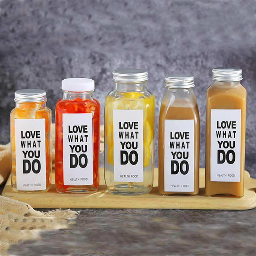 16oz 500ml French Smoothie Square Glass Bottle with Plastic or Aluminium Screw Lid and Logo Printing