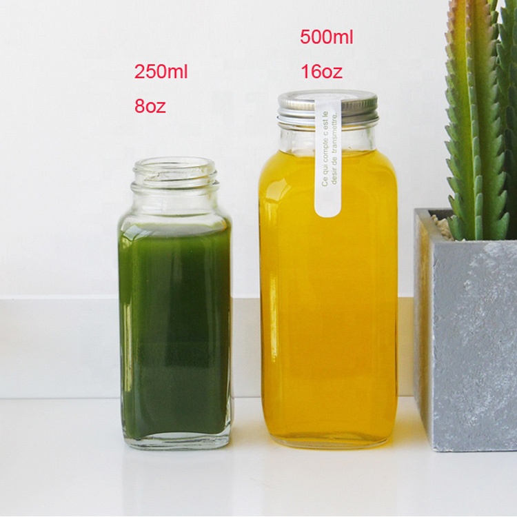 16oz 500ml French Smoothie Square Glass Bottle with Plastic or Aluminium Screw Lid and Logo Printing