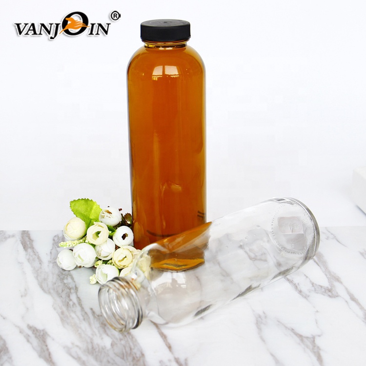 16oz 500ml Kombucha Glass Bottle Cylinder Round Glass Bottle For Juice Beverage With Plastic Screw Lid