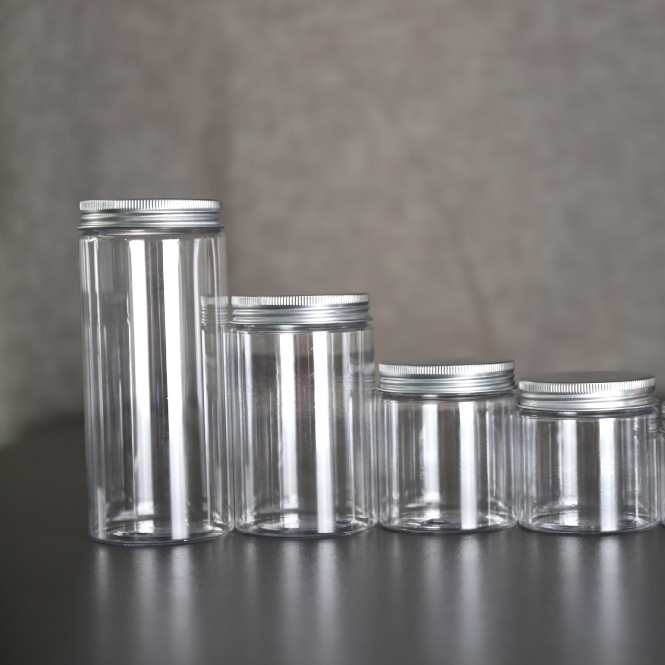 16oz 500ml Transparent PET food grade empty cylinder candy plastic jar with aluminium lid