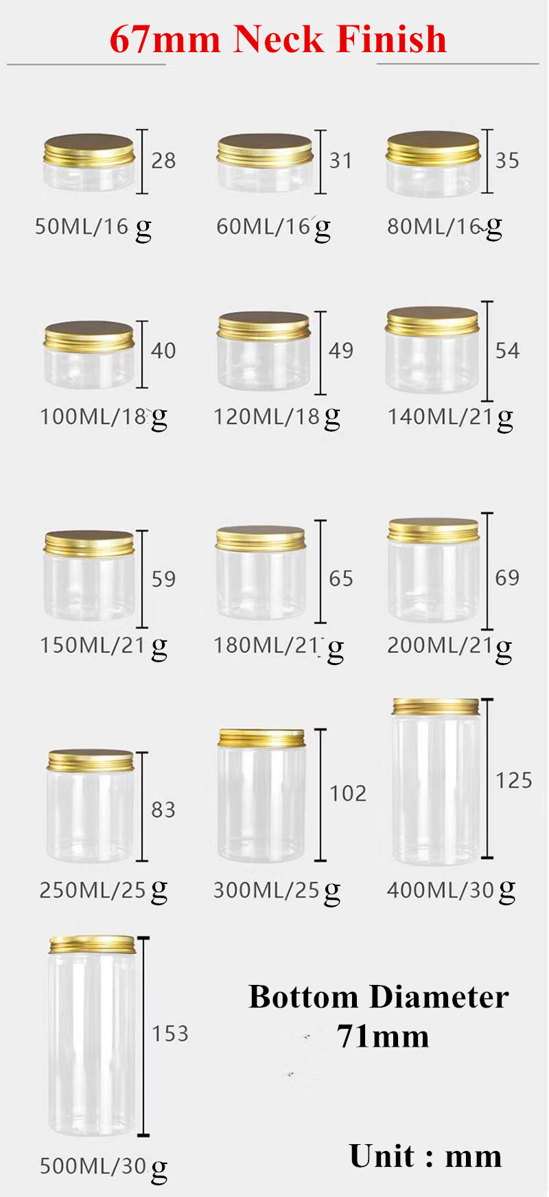 16oz 500ml Transparent PET food grade empty cylinder candy plastic jar with aluminium lid