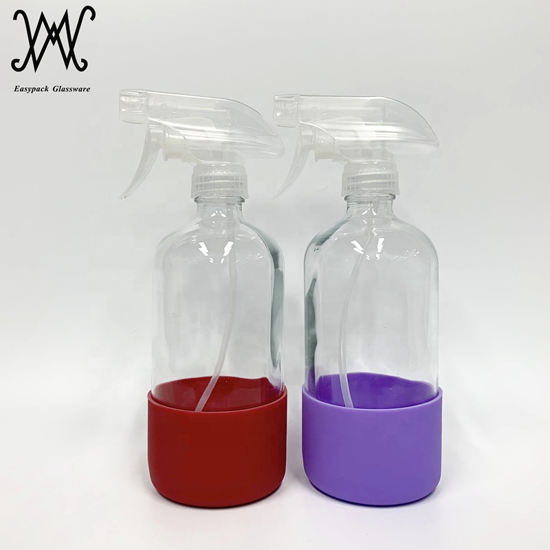 16oz 500ml clear amber cobalt blue boston round glass spray bottle with silicone sleeve custom logo