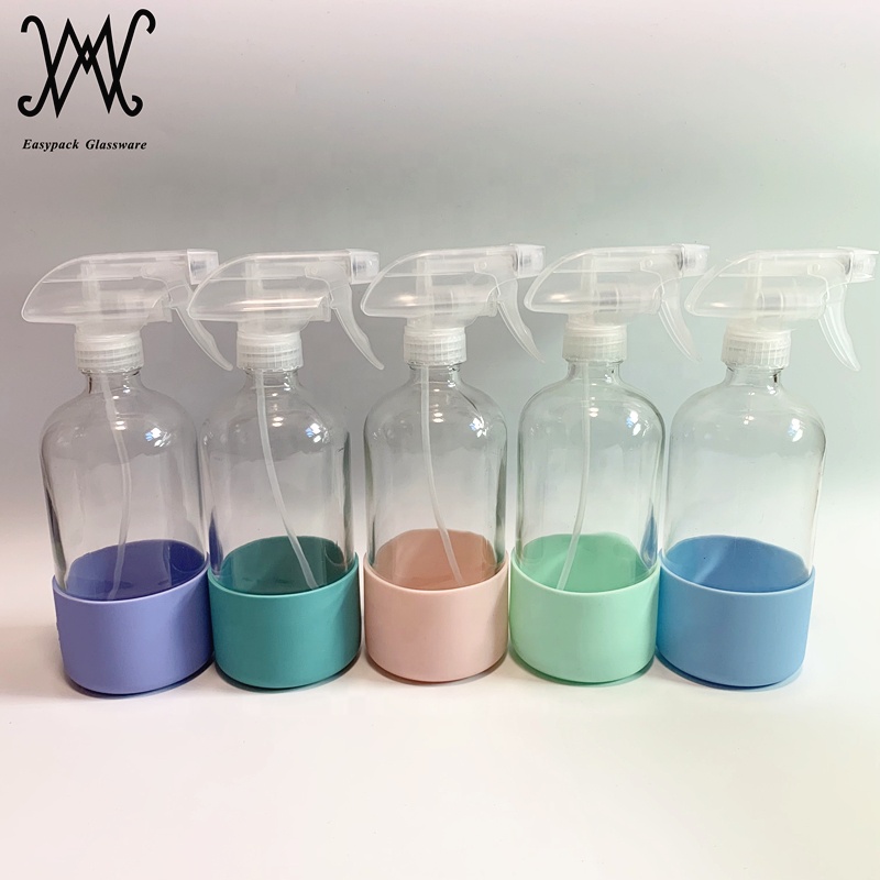 16oz 500ml clear amber cobalt blue boston round glass spray bottle with silicone sleeve custom logo