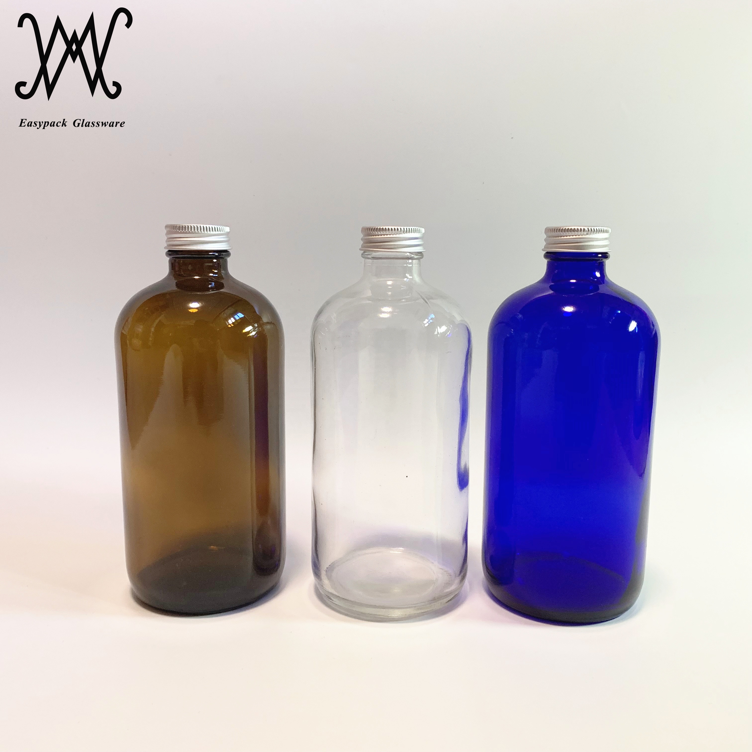 16oz 500ml clear boston glass cold brew kombucha beverage bottle with silver aluminum lid