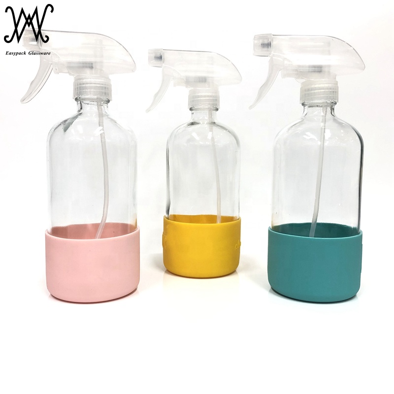 16oz 500ml clear boston round glass trigger spray bottles with silicone sleeve for liquid