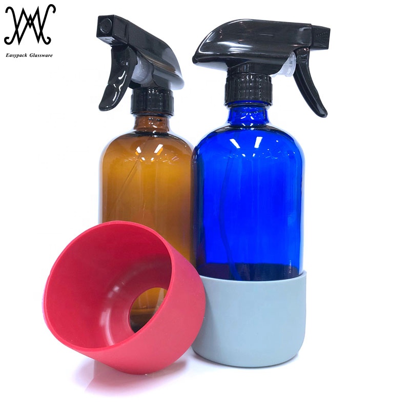 16oz 500ml clear boston round glass trigger spray bottles with silicone sleeve for liquid