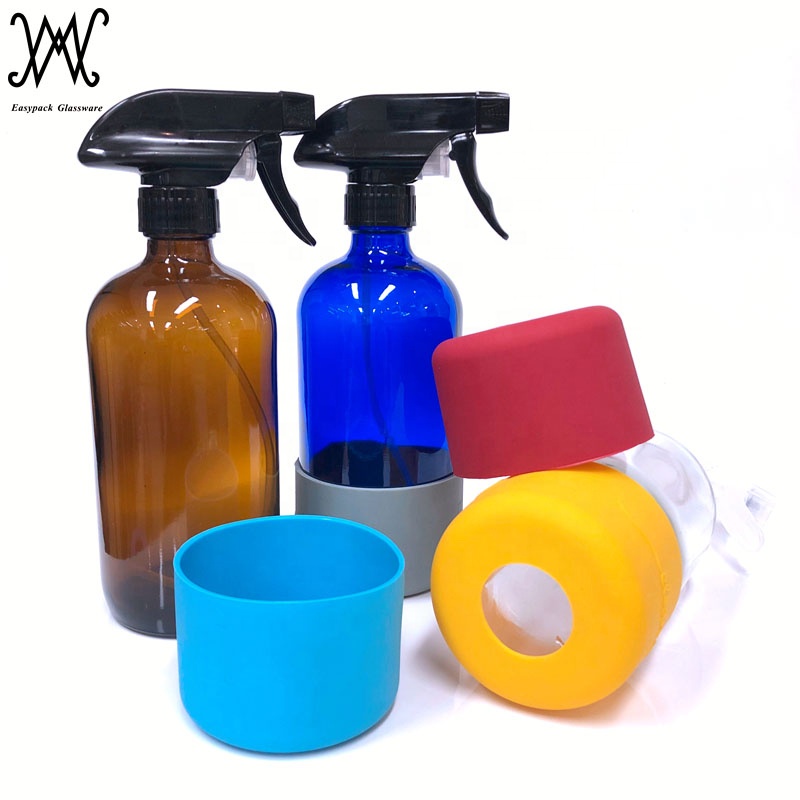 16oz 500ml clear boston round glass trigger spray bottles with silicone sleeve for liquid