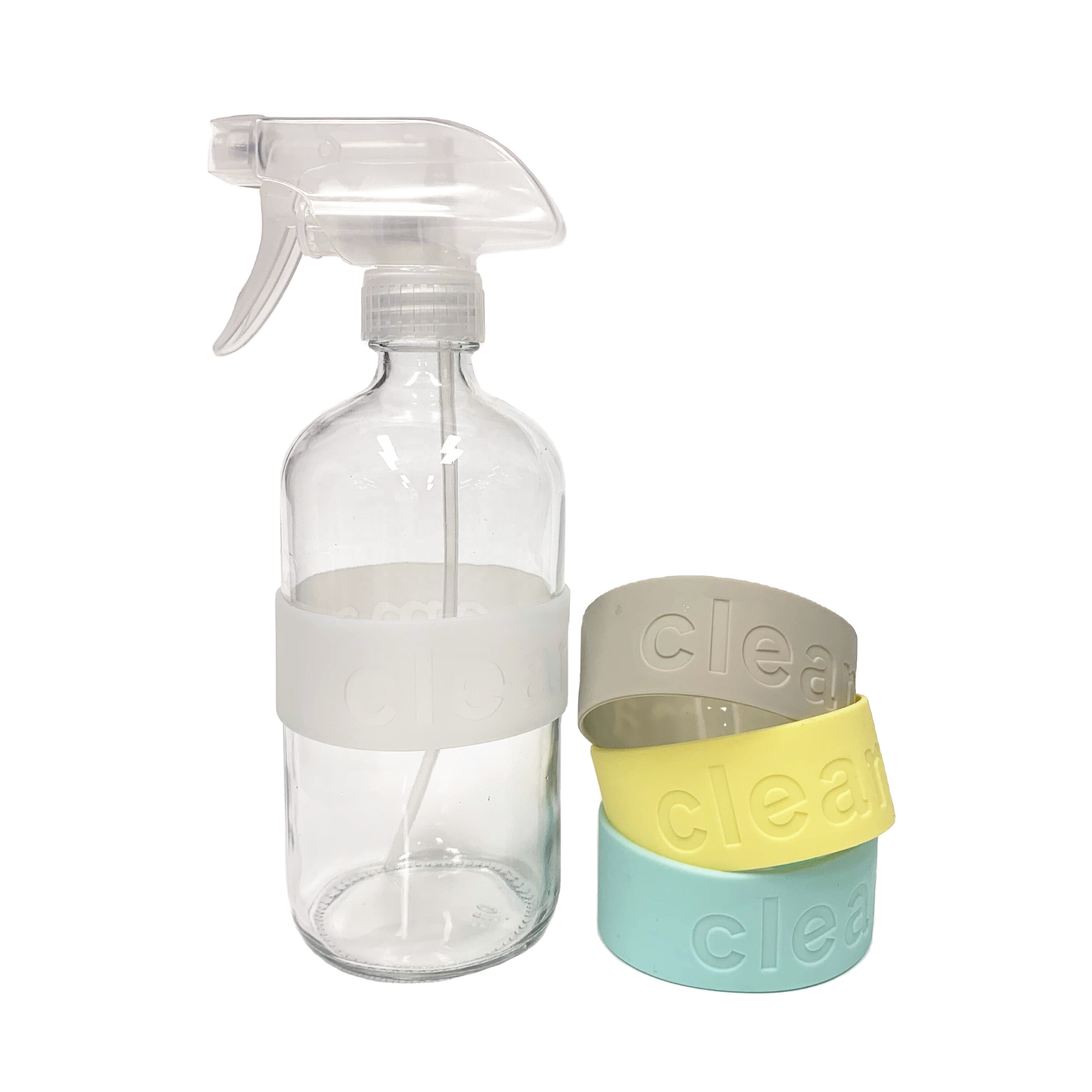 16oz 500ml clear boston round trigger spray glass cleaning bottles with silicone band ring cover