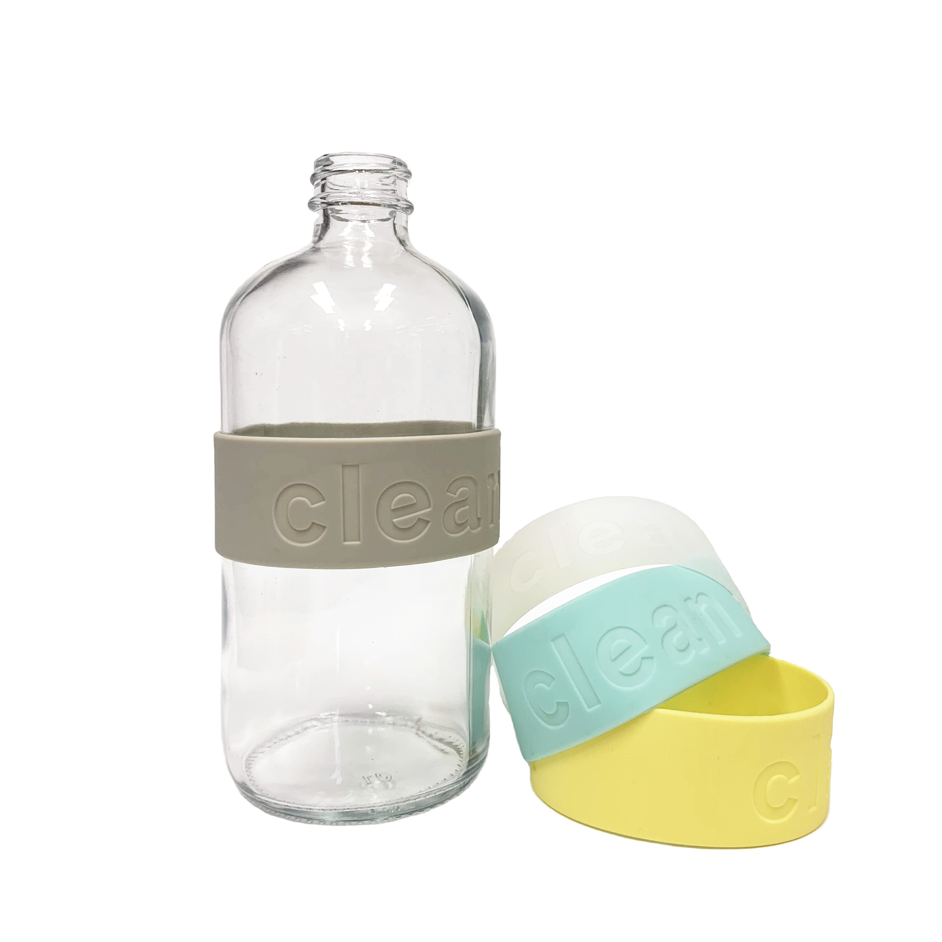 16oz 500ml clear boston round trigger spray glass cleaning bottles with silicone band ring cover