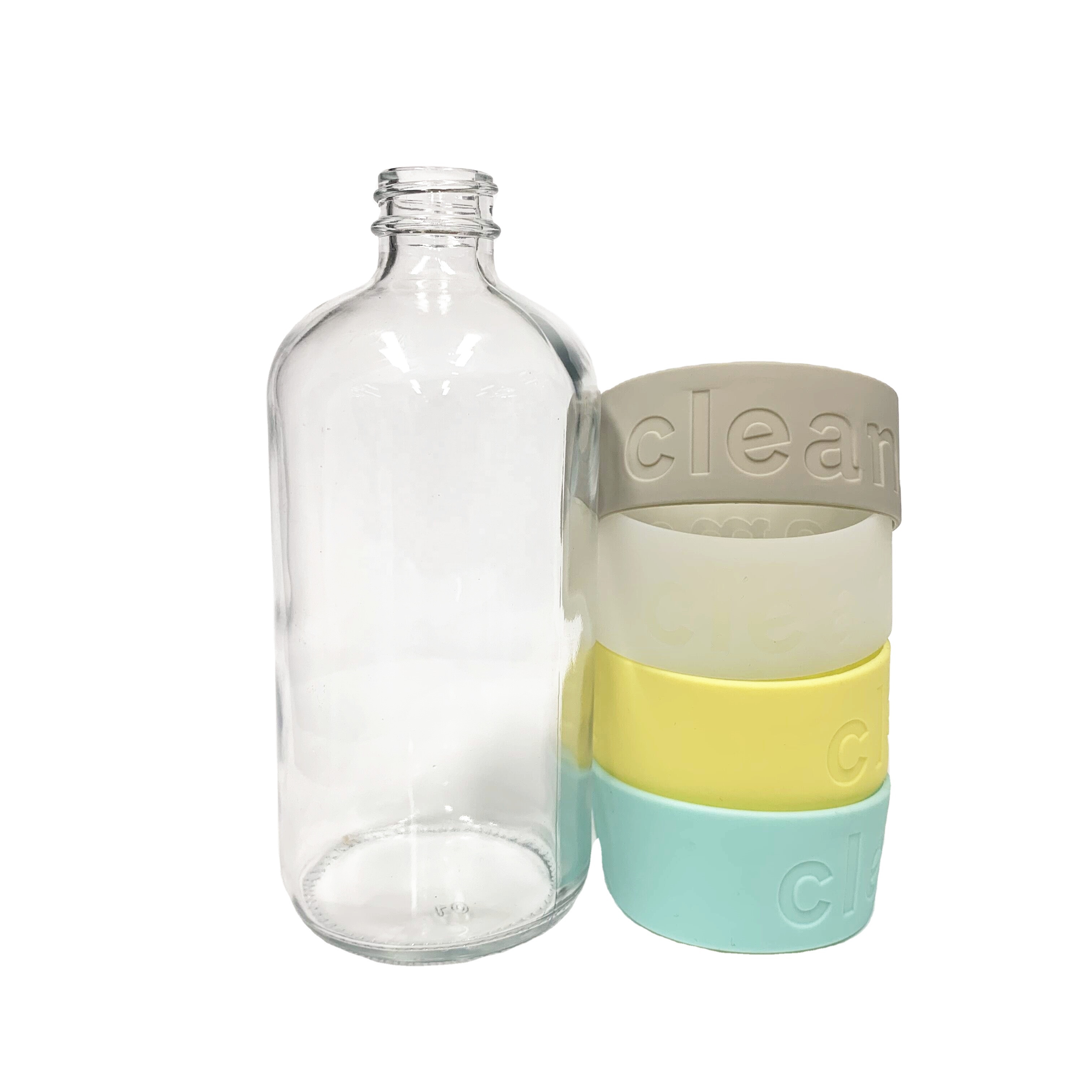 16oz 500ml clear boston round trigger spray glass cleaning bottles with silicone band ring cover