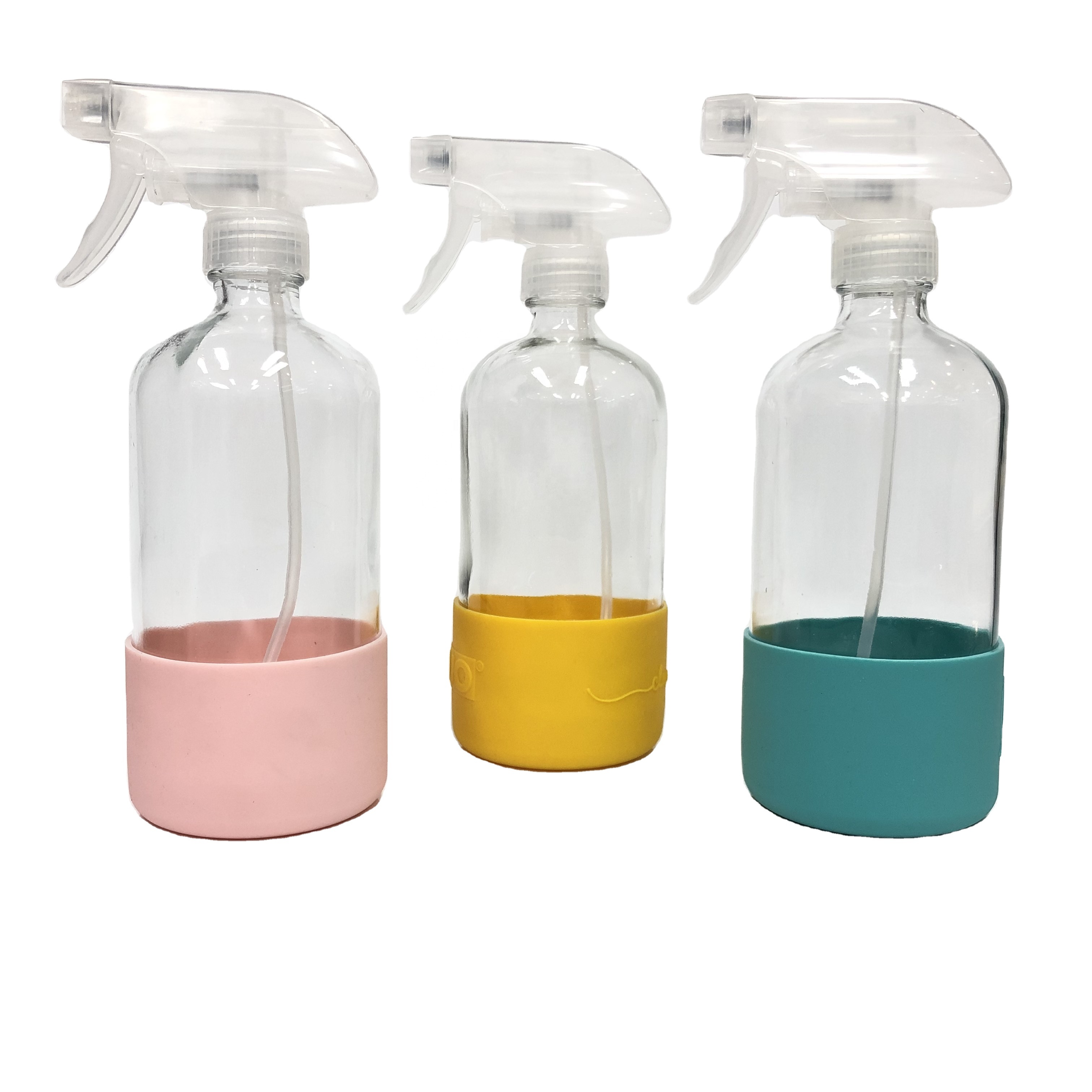16oz 500ml clear boston round trigger spray glass cleaning bottles with silicone band ring cover