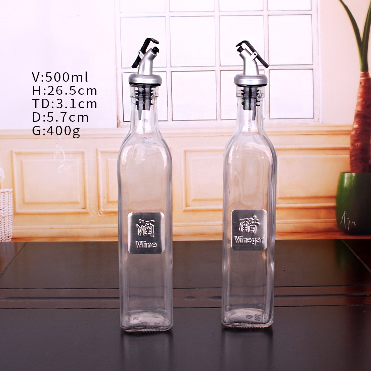 16oz 500ml clear square glass oil bottle glass cruet for soy sauce vinegar olive oil