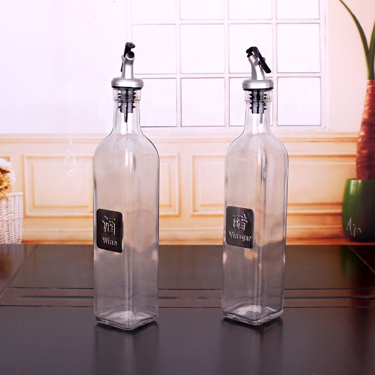 16oz 500ml clear square glass oil bottle glass cruet for soy sauce vinegar olive oil
