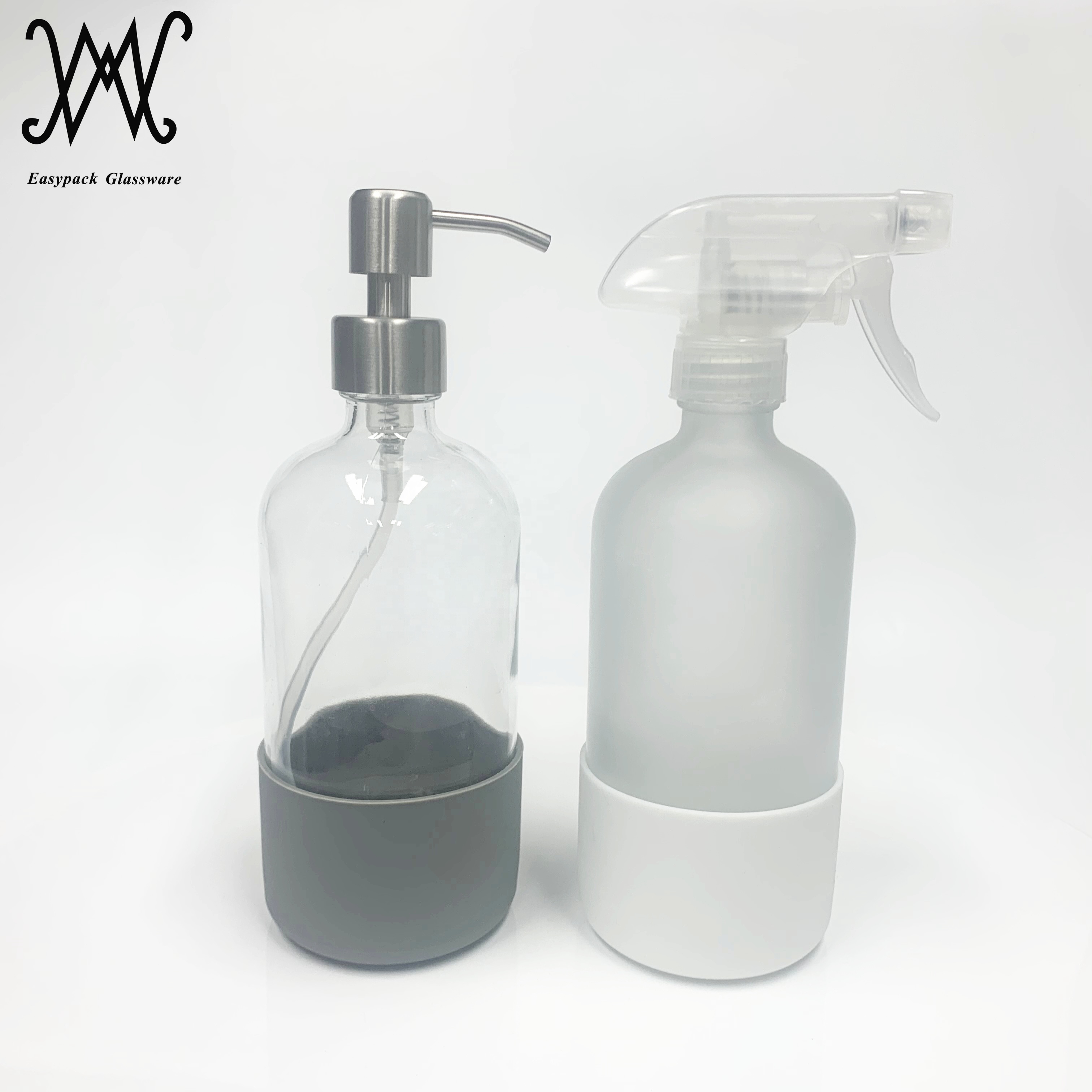 16oz 500ml frosting spray glass boston round bottle with custom silicone sleeve