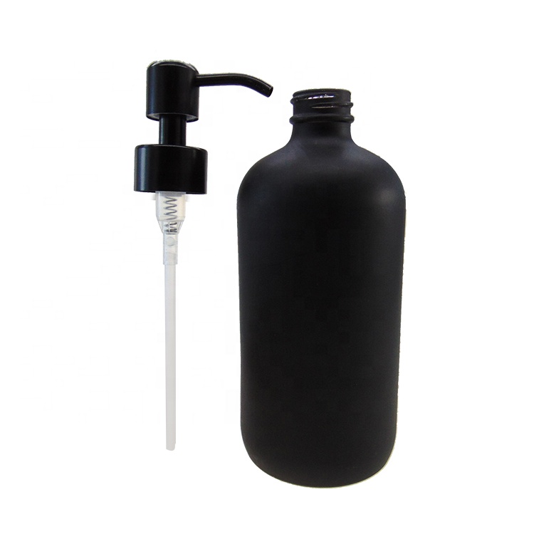 16oz Black Boston Round Cosmetic Foam Airless Glass Bottle with Black Stainless Steel Pump Dispenser